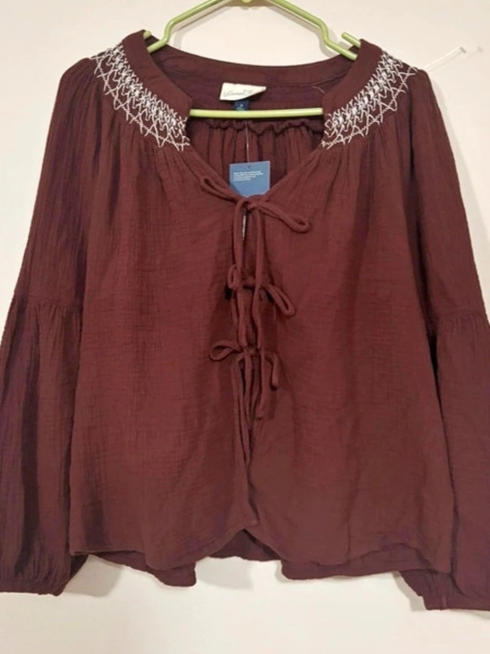 Universal Thread Cotton Gauze Embroidered Peasant Blouse Burgundy Medium